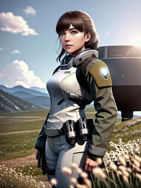 award winning (full body:0.8) (portrait photo:1.3) of a young female (sci-fi soldier:1.3) wearing helmet, beside an (army vehicle:1.5) (gun turret:1.3), looking out over a verdant alien planet, (mountains:1.2) (tall grass:1.4), rocks, fluffy clouds in the sky, trending on artstation, highly detailed, fine detail, intricate, (lens flare:0.6), (backlighting:0.8), (bloom:0.8), shallow depth of field