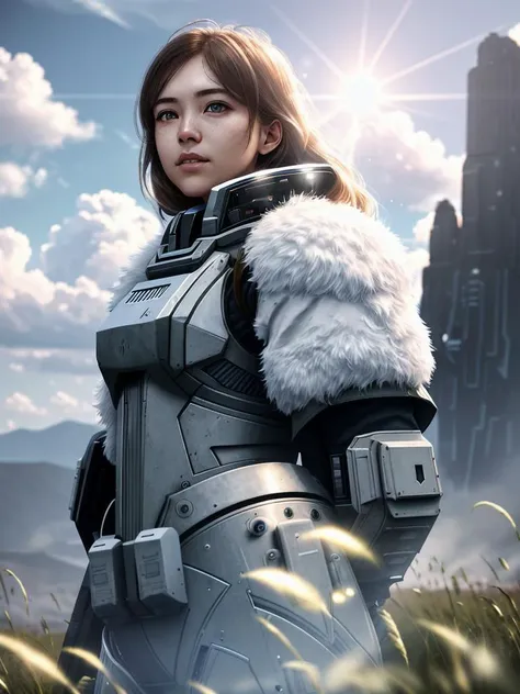 award winning (full body:0.8) (portrait photo:1.3) of a young female (sci-fi astronaut:1.3) with  a (army tank:1.4), (Stargate:1.4), looking out over a verdant alien planet, (mountains:1.2) (tall grass:1.4), rocks, fluffy clouds in the sky, trending on artstation, highly detailed, fine detail, intricate, (lens flare:0.6), (backlighting:0.8), (bloom:0.8), shallow depth of field