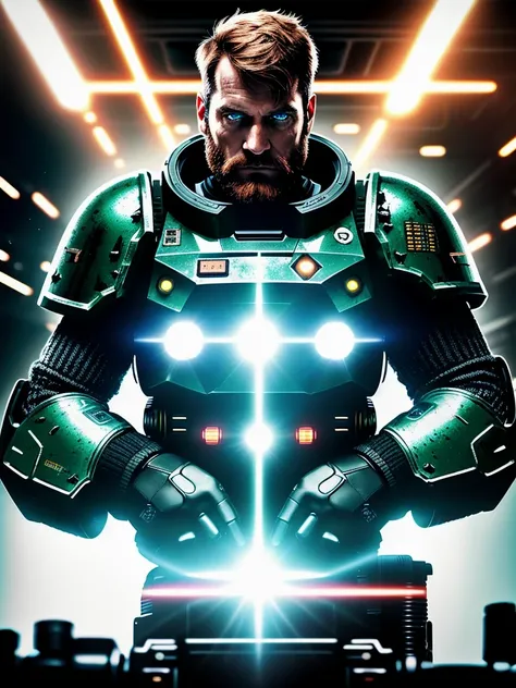 award winning waist up photo of a rugged dark science fiction space marine, wearing scratched and dented space marine gear, middle-aged, short copper hair and beard, green eyes, inside spaceship cockpit, electronic circuits hanging loose in background, flashing control panel in foreground, science fiction, action, dark, tools on floor in background, dark red lighting, high contrast, shiny skin, backlighting, bloom, light sparkles, chromatic aberration, sharp focus