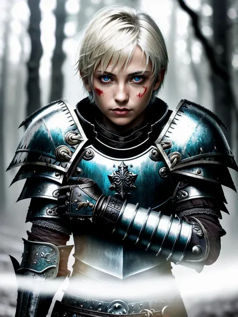 award winning waist up photo of a beautiful fantasy warrior, wearing torn black leather armor, dirty and tarnished and scratched silver pauldrons, blood covered, worn leather gloves, short blonde hair, bright blue eyes, dense forest in background, dark, ominous, foggy, high contrast, shiny skin, soft lighting, backlighting, bloom, light sparkles, chromatic aberration, sharp focus