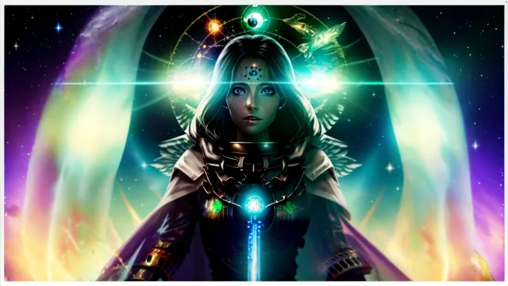 interstellar space, floating princess, (black hole:1.3), ethereal, ghostly, (translucent:1.2), masterpiece, 8k, highest quality, HDR, UHD, bright see-through gown, transcendent, goddess, perfect face, magnificent eyes, key lighting, frontal light, bright face, unreal, surreal, dreamlike, acid green, <lora:Saint Celestine MK1 by CARAXES:0.5>, iron halo, wings, sword, chain, barefoot