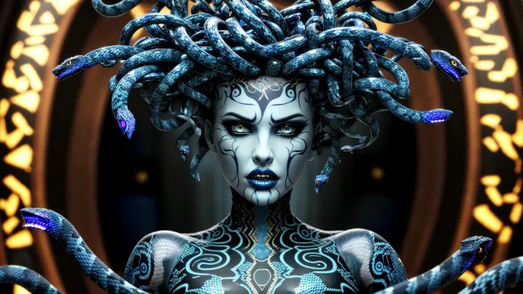 medusa, Cool Gray Electric Blue, intricate serpent skin, masterpiece, the best quality, 16k, UHD, HDR, <lora:medusa_v8:0.8>, coiling, serpent, snakes, extraordinary skin details, intricate, perfect eyes, symmetric, intense makeup, eyeliner, messy hair, derailed, unhinged, uncanny, screaming