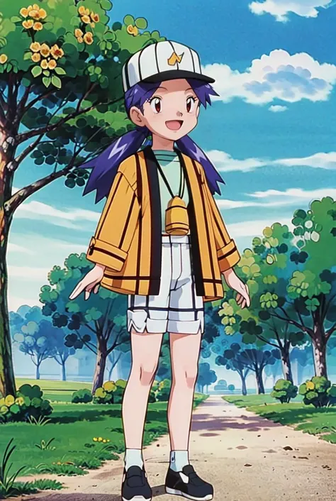 <lora:Casey:0.7> Casey, 1girl, solo, smile, open mouth, bangs, shirt, hat, standing, jacket, white shirt, :d, outdoors, japanese clothes, open clothes, sky, shorts, day, tongue, cloud, water, open jacket, tree, eyelashes, white headwear, happy, baseball cap, white shorts, yellow jacket, <lora:pokemovies_v0_4_06wd_dadap:0.6> , pokemovies, sugimori ken, ken sugimori ken \(style\),  masterpiece, 8k, best quality,  happy, smile, anime screencap, zoom out,  <lora:zoom_slider_v1:-5>, landscape, sea, daytime, sunlight, concept art, anime background