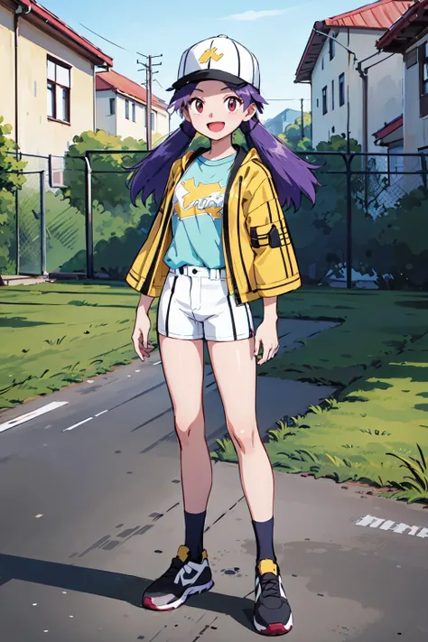 1girl,casey,purple hair,small breasts,bangs, shirt, hat, standing, jacket, t-shirt, :d, white shorts,yellow jacket,baseball cap,white cap,happy,full body,in rural Eastern European village,baseball cleats, <lora:Casey:0.6>, <lora:LORA-XenoDetailer-v2:0.2>