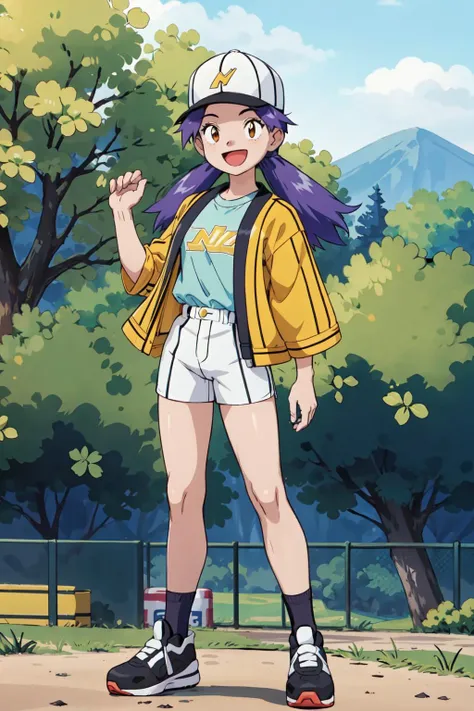 1girl,casey,small breasts,bangs, shirt, hat, standing, jacket, white shirt, :d, white shorts,yellow jacket,baseball cap,white cap,happy,full body,in village,baseball cleats, <lora:Casey:0.65>,