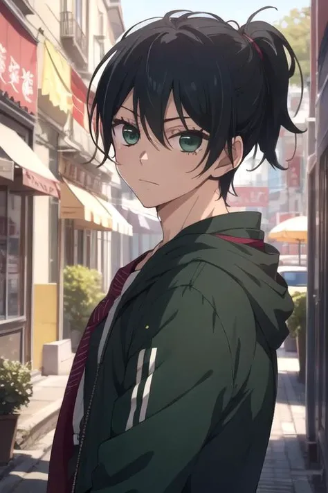masterpiece, best quality, photorealistic, 1boy, solo, male focus, looking at viewer, upper body, depth of field, <lora:kanade_yuzuriha:0.72>, kanade_yuzuriha, black hair, green eyes, ponytail, , ,