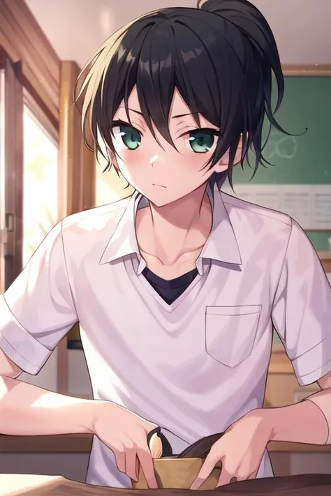 masterpiece, best quality, , 1boy, solo, male focus, looking at viewer, upper body, depth of field, <lora:kanade_yuzuriha:0.68>, kanade_yuzuriha, black hair, green eyes, ponytail, rugby shirt, , science fiction xenopunk,