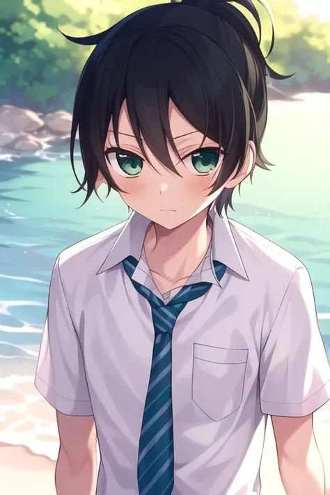 masterpiece, best quality, wallpaper, 1boy, solo, male focus, looking at viewer, upper body, depth of field, <lora:kanade_yuzuriha:0.76>, kanade_yuzuriha, black hair, green eyes, ponytail, timber costume, neverland: A lost island where children can stay forever young, High resolution