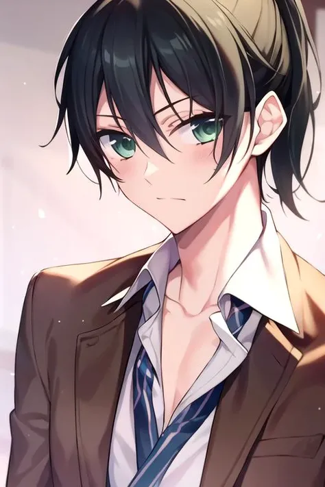 masterpiece, best quality, photorealistic, 1boy, solo, male focus, looking at viewer, upper body, , <lora:kanade_yuzuriha:0.72>, kanade_yuzuriha, black hair, green eyes, ponytail, , , 16k resolution