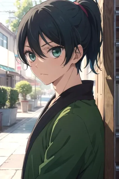 masterpiece, best quality, illustration, 1boy, solo, male focus, looking at viewer, upper body, depth of field, <lora:kanade_yuzuriha:0.74>, kanade_yuzuriha, black hair, green eyes, ponytail, ninja costume, atompunk,