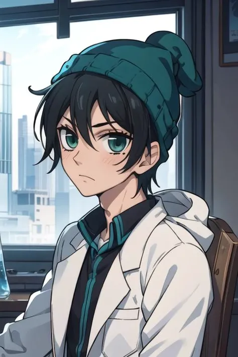 masterpiece, best quality, game cg, 1boy, solo, male focus, looking at viewer, upper body, , <lora:kanade_yuzuriha:0.76>, kanade_yuzuriha, black hair, green eyes, short hair, , beanie, science fiction western, 32k resolution