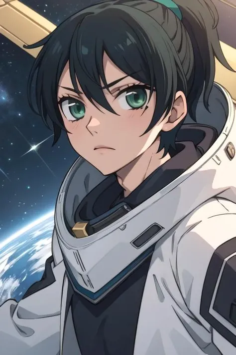 masterpiece, best quality, game cg, 1boy, solo, male focus, looking at viewer, upper body, depth of field, <lora:kanade_yuzuriha:0.72>, kanade_yuzuriha, black hair, green eyes, ponytail, , space opera,