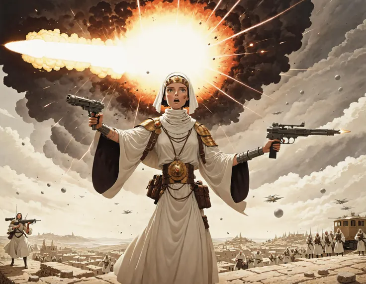 A female robotic weapons platform, levitating, emanating power, wearing Israeli contemporary fashion and a volumized headscarf (tichel), by Ridley Scott. Award winning animation titled: The savior of Jerusalem. Surrounding her are armed soldiers, firing, while she points and fires a massive blast <lora:colorful_sdxl_v2_lbw:1> <lora:kl1m:0.8> <lora:Bas_Waijers_-_Artstyle_Style_SDXL:0.6> <lora:StudioGhibli.Redmond-StdGBRRedmAF-StudioGhibli:1>  SK_ANALOGFILM