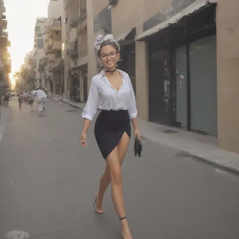 A young ovulating jewish mom walking boldly between tall buildings in Tel Aviv, foot thrusters, sunset volumetric lighting. Headwrap, tichel, magen david choker, collared shirt, long skirt, heels, perfect smile, perfect teeth, rounded glasses, clear image of cute face, 4k, award winning photograph, golden luminescent skin