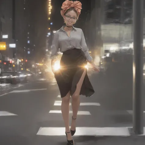 A young ovulating jewish mom walking boldly between tall buildings in Tel Aviv, foot thrusters, sunset volumetric lighting. Headwrap, tichel, magen david choker, collared shirt, long skirt, heels, perfect smile, perfect teeth, rounded glasses, clear image of cute face, 4k, award winning photograph, golden luminescent skin
