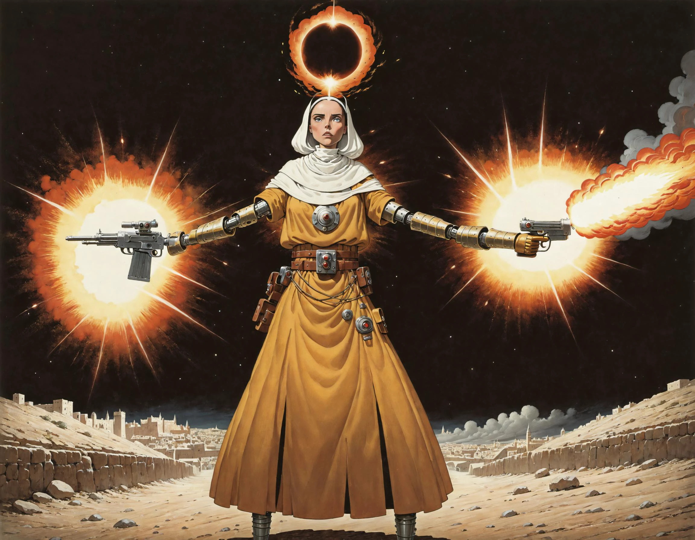 A female robotic weapons platform, levitating, emanating power, wearing Israeli contemporary fashion and a volumized headscarf (tichel), by Ridley Scott. Award winning animation titled: The savior of Jerusalem. Surrounding her are armed soldiers, firing, while she points and fires a massive blast <lora:colorful_sdxl_v2_lbw:1> <lora:kl1m:0.8> <lora:Bas_Waijers_-_Artstyle_Style_SDXL:0.6> <lora:StudioGhibli.Redmond-StdGBRRedmAF-StudioGhibli:1> SK_ANALOGFILM
