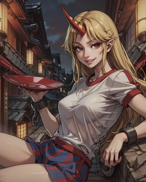 <lora:HoshigumaYuugi:1>,hoshiguma yuugi, 1girl,single horn, pointy ears, blonde hair, long hair,red eyes,shackles ,white shirt,skirt,alcohol, sake,grin,japanese architecture,underground, <lora:add_detail:0.25>, masterpiece, best quality,