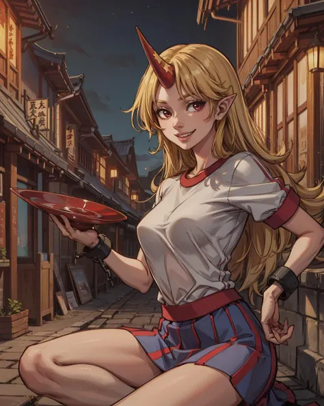 <lora:HoshigumaYuugi:1>,hoshiguma yuugi, 1girl,single horn, pointy ears, blonde hair, long hair,red eyes,shackles ,white shirt,skirt,alcohol, sake,grin,east asian architecture,underground, <lora:add_detail:0.25>, masterpiece, best quality,