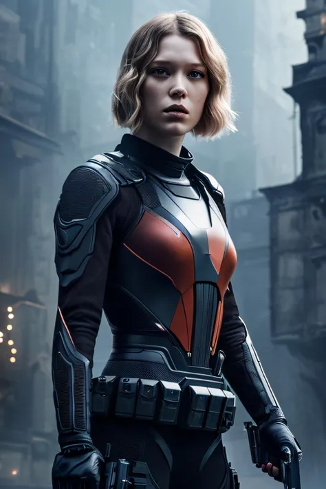beautiful symmetrical full bodynight scene, close up photo of a lea-seydoux , (gun, makeshift gun, weapon, rifle), absurdres, (best quality), (masterpiece),(ultra-detailed:1.2),(photorealistic:1.4),(highres), (Extremely Detailed Oil Painting:1.2), glow effects, godrays, Hand drawn, render, 8k, octane render, cinema 4d, blender, dark, atmospheric 4k ultra detailed, cinematic sensual, Sharp focus, humorous illustration, big depth of field, Masterpiece, colors, 3d octane render, 4k, concept art, trending on artstation, hyperrealistic, Vivid colors, extremely detailed CG unity 8k wallpaper, trending on ArtStation, trending on CGSociety, Intricate, High Detail, dramatic,