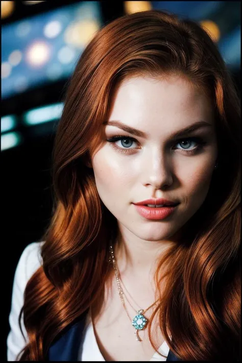 photo of beautiful (J4ym3L4ngf0rd-140:0.99), (redhead:1.2), a woman, perfect hair, (modern photo), wearing a (business suit:1.2) and jeans with jewelry, portrait, 85mm, (analog, cinematic, film grain:1.3), (Spaceship Bridge, Command center with control panels, holographic displays, captain's chair, and panoramic space view.), detailed eyes, professional pose, painted lips, (epiCPhoto), (looking at viewer:1.1), (cinematic shot:1.3), (natural lighting, lit from above), <lora:add_detail:0.5>