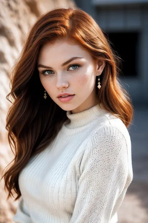 photo of beautiful (J4ym3L4ngf0rd-140:0.99), (redhead:1.2), a woman, perfect hair, (modern photo), wearing a (long sleeved sweater:1.2) and long skirt with jewelry, portrait, 85mm, (analog, cinematic, film grain:1.3), (Martian Geological Base, Research facility studying the geology and geological history of Mars.), detailed eyes, professional pose, painted lips, (epiCPhoto), (looking at viewer:1.1), (cinematic shot:1.3), (natural lighting, lit from above), <lora:add_detail:0.5>