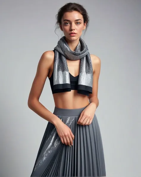 nesstyle <lora:NESStyleXL:1.2> complex background, ornate details, UHD, realistic fabric movement, fashion photography, supermodel pose BREAK roomy full body clothing, crew neck, carbon-fiber cloth, energy crystal pattern, sleeveless, midi length, empire waist, pleated skirt, sequins, scarf, embellishments, muted wash