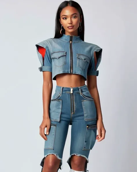 nesstyle <lora:NESStyleXL:1.2> roomy full body clothing, robotic resin, cutout sleeves, high-low hemline, high waist, mermaid skirt, front pockets, oil wash, zipper fly, utility loops, chest pockets