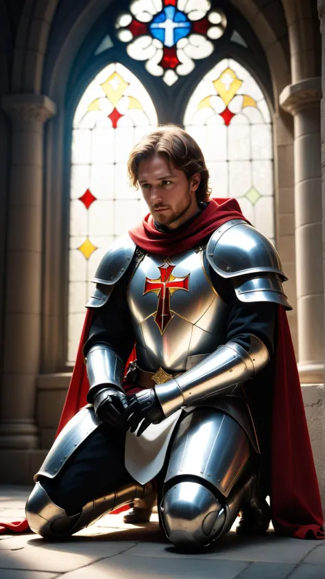 <lora:NESStyleXL:1>NESStyle solo, half shot, looking at viewer, detailed background, detailed face, (<lora:DecorationBundlev2:0.6>, stainedglassai, stained glass theme:1.1), medieval crusader , battle scars, wearing shining armor, ornate gauntlets,,tattered white cape defender of the faith, on one knee, praying, **(squatting, kneeling on both knees:1.1),** 11th century, forgotten crypt in background, rays of light, **(unarmored, modern buildings, modern environment:1.2),**, NES-inspired, gray plastic, red plastic, 24mm, (analog, cinematic, film grain:1.3), Bokeh DOF, (Masterpiece:1.3) (best quality:1.2) (high quality:1.1)