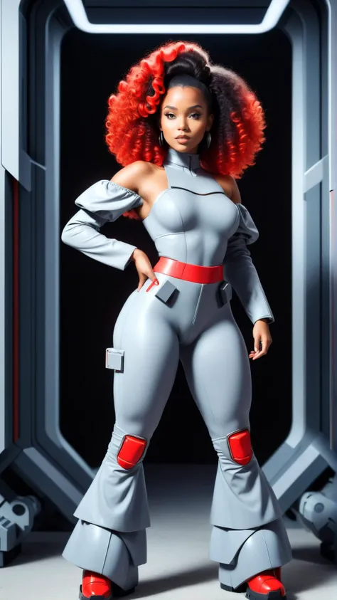 <lora:NESStyleXL:1>NESStylefemale holofilm director, twenty-something, statuesque, sub-saharan african, steel gray eyes, double chin, blunt jaw, high cheekbones, straight forehead, chin, red
voluminous curls hair, love
,
suspended above the ground using anti-gravity or jetpacks.,
wearing reactive bell bottoms, bioluminescent off-shoulder top, ,
, holding futuristic weaponry with a bold stance.
, NES-inspired, gray plastic, red plastic, 24mm, (analog, cinematic, film grain:1.3), Bokeh DOF, (Masterpiece:1.3) (best quality:1.2) (high quality:1.1)