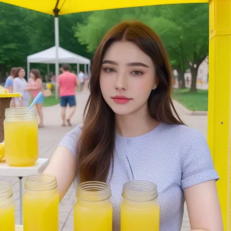 a photo of dasha taran, ohwx woman, at a lemonade stand, best quality, detailed skin, <lora:dashataranv3_SDXL:0.9>
