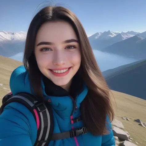 a photo of dasha taran, ohwx woman, on a mountain, smile, best quality, detailed skin, <lora:dashataranv3_SDXL:0.9>