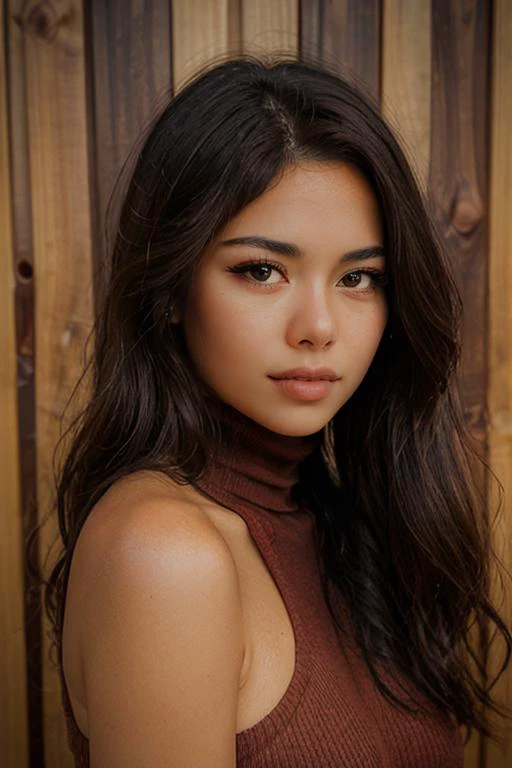 breathtaking photo of a beautiful woman <lora:Avarina_TD_V1:1>, detailed, analog photo,  50mm Sigma f/1.4, ((dark brown eyes)), tidy shoulder long hair, wearing a turtleneck sweater, in front of a wooden wall, bokeh, depth of field, vignette, close-up, looking at viwer <lora:great_lighting:1>