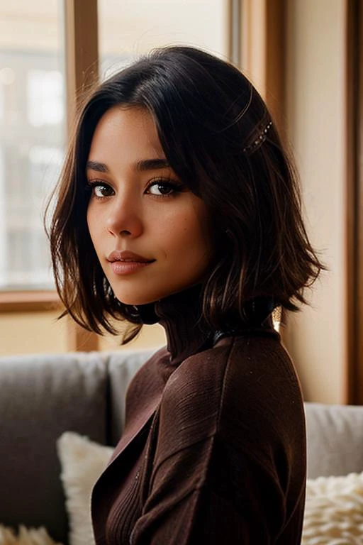 breathtaking photo of a beautiful woman <lora:Avarina_TD_V1:1>, detailed, analog photo,  50mm Sigma f/1.4, ((dark brown eyes)), tidy shoulder long hair, ((wearing a turtleneclk sweater)), in a bright livingroom bokeh, depth of field, vignette, close-up, looking at viwer <lora:great_lighting:1>