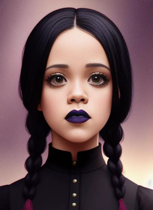 hyperrealistic (1girl) portrait of (Jenna Ortega:1.2) as (wednesday_addams:1.2) with a (twin_braids) and (bangs) wearing a (black_gothic_dress), (serious), (frown), on a (simple background),(cowboy shot), lens flare, shade, bloom, ((light sparkles)), [chromatic aberration], by Jeremy Lipking, by Antonio J. Manzanedo, by (Alphonse Mucha), digital painting