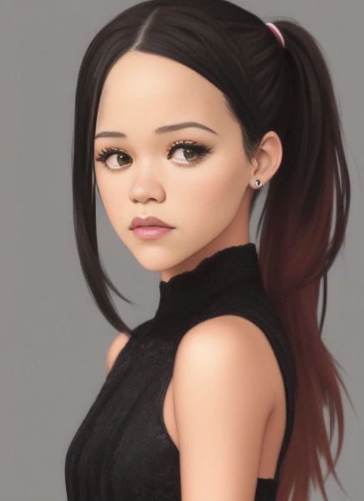 hyperrealistic (1girl) portrait of (Jenna Ortega:1.2) with a (hair ribbon) and (side ponytail) wearing a (black_gothic_dress), (serious), (frown), on a (simple background),(cowboy_shot), photorealistic, artstation, 4k, award winning, art by greg rutkowski