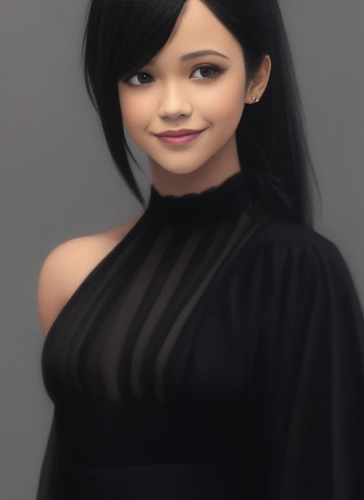 hyperrealistic (1girl) portrait of (Jenna Ortega:1.2) with a (hair ribbon) and (side ponytail) wearing a (black gothic dress), (smile), on a (simple background), photo realistic, artstation, 4k, award winning, art by greg rutkowski