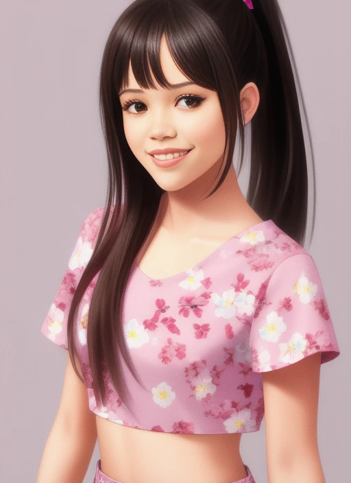 hyperrealistic (1girl) portrait of (Jenna Ortega:1.1) with a (hair ribbon) and (side ponytail) wearing a (floral print) (crop top), (smile), on a (simple background), photo realistic, artstation, 4k, award winning, art by greg rutkowski