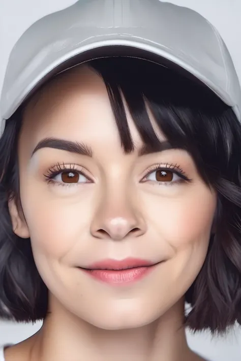 <lora:chan:1> a beautiful woman, short black hair, wearing a baseball cap, smiling, white tshirt, hi detail, sharp focus, perfect lighting, awesome, dslr, 4k high quality. extra detail, extra sharp, magical, perfect moment, natural skin, pores