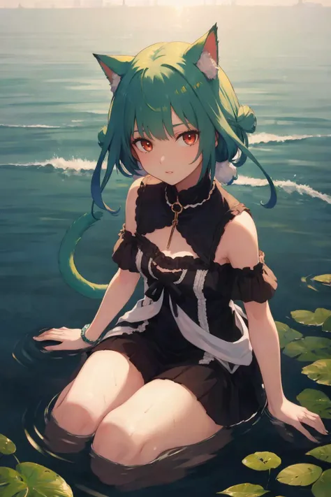 (Best Quality:1.3),(Masterpiece:1.3),(illustartion:1.3),(Ultra-detailed:1.3),(imid shot:0.9),, , , 1girl,独奏,very young,upper-body,short neck,,small breasts,, , from side,From Bottom,a closeup of a,, , , violet eyes,Eyes, Similar to gemstones,extremely detailed eyes,extremely detailed face,(Seduction Smile:0.8),(open mouth:0.3),, , , Muddy Creek, cloudy water, Floating debris, Rotting stench, Obsessive melody, Scattered syringes, A Polluted Mystery, Neglected tranquility, The Forgotten Path, pebble riverbed , twintails, maiden,green hair,