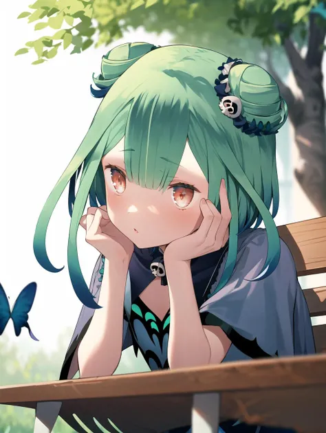 masterpiece, best quality, highres, <lora:Yasuyuki_style_v2-09:1>, 1girl, <lora:rushia:1> rushia_blue, green hair, short hair, double bun, blue dress, short dress, butterfly, skull hair ornament, head rest, park, park bench, sitting on bench, tree, looking away, leaning forward,