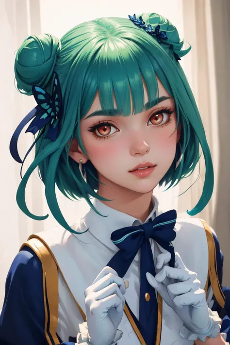 uruha rushia, <lora:rushia:0.9>, rushia_idol, green hair, short hair, double bun, idol outfit, white gloves, blue bow, butterfly hair ornament earrings, elegant, ((((highly detailed)))), closeup, warm lighting, concept art, intricate, beautiful, highly detailed, digital painting, artstation, smooth, sharp focus, illustration