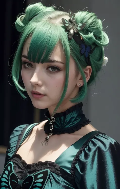 Godzilla dressed as <lora:rushia-05:1> r ushia_blue, green hair, short hair, double bun, blue dress, short dress, butterfly, skull hair ornament