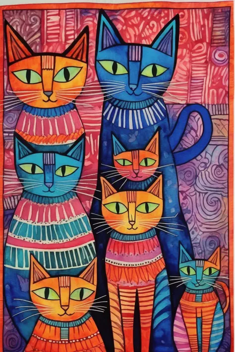 <lora:Laurel Burch Style:1>Laurel Burch Style - cats madhubani art batik watercolor vibrant