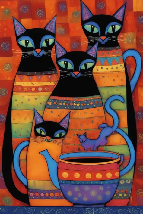 <lora:Laurel Burch Style:1>Laurel Burch Style - SalvoM._Laurel_Burch_Fanciful_siamese_cats_Bunched_sipping_tea