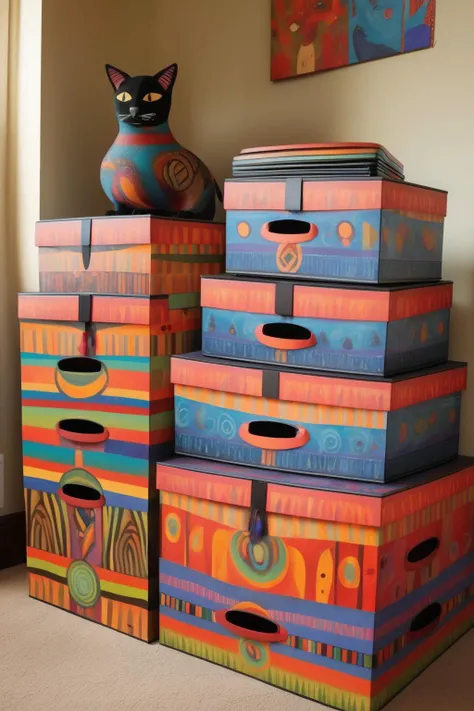 <lora:Laurel Burch Style:1>Laurel Burch Style - storage boxes in living room