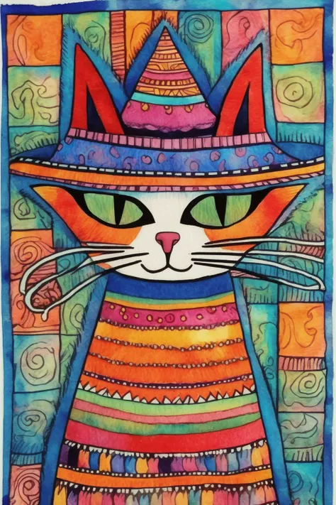 <lora:Laurel Burch Style:1>Laurel Burch Style - cat in a hat madhubani art batik watercolor vibrant