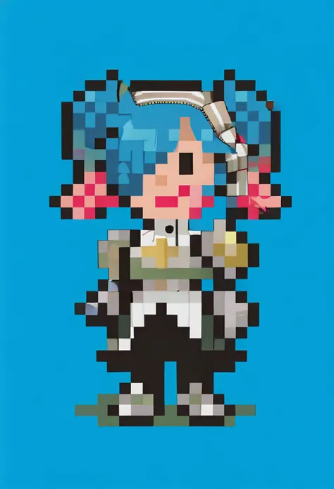score_9, score_8_up, score_7_up, source_anime, 1girl, smile, <lora:EarthboundSpriteStyle-pdxl:1> pixel art, full body, standing, chibi, looking at viewer, blue background, <lora:PeriFE-pdxl:1> defPeri, multicolored hair, twintails, hair over one eye, striped headdress, turtleneck, armor, gauntlets, black skirt, black leggings, armored boots