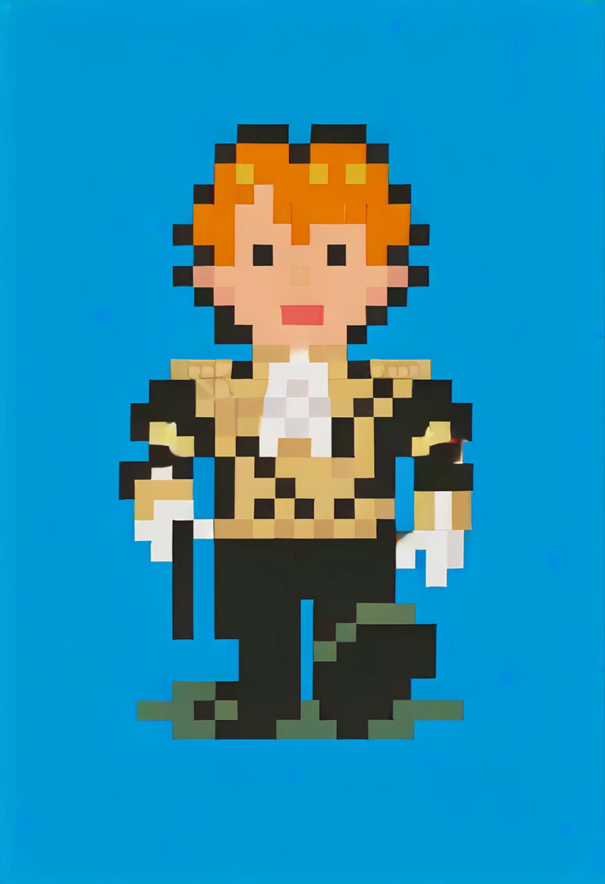 score_9, score_8_up, score_7_up, source_anime, 1boy, <lora:EarthboundSpriteStyle-pdxl:1> pixel art, full body, standing, chibi, looking at viewer, blue background, <lora:FerdinandFE-pdxl:1> defFerdie, short hair, military uniform, white ascot, long sleeves, white gloves, shoulder belt, black pants