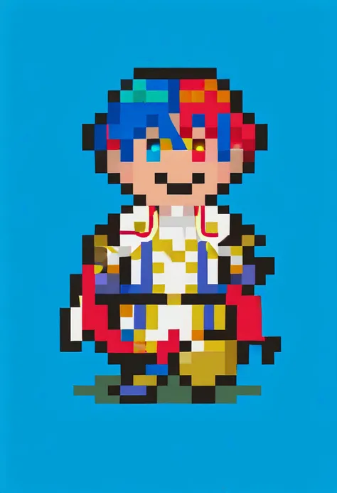 score_9, score_8_up, score_7_up, source_anime, 1boy, smile, <lora:EarthboundSpriteStyle-pdxl:1> pixel art, full body, standing, chibi, looking at viewer, blue background, <lora:AlearM-pdxl:1> defAlearM, heterochromia, gloves, split-color hair, red hair, blue hair, cape, armor