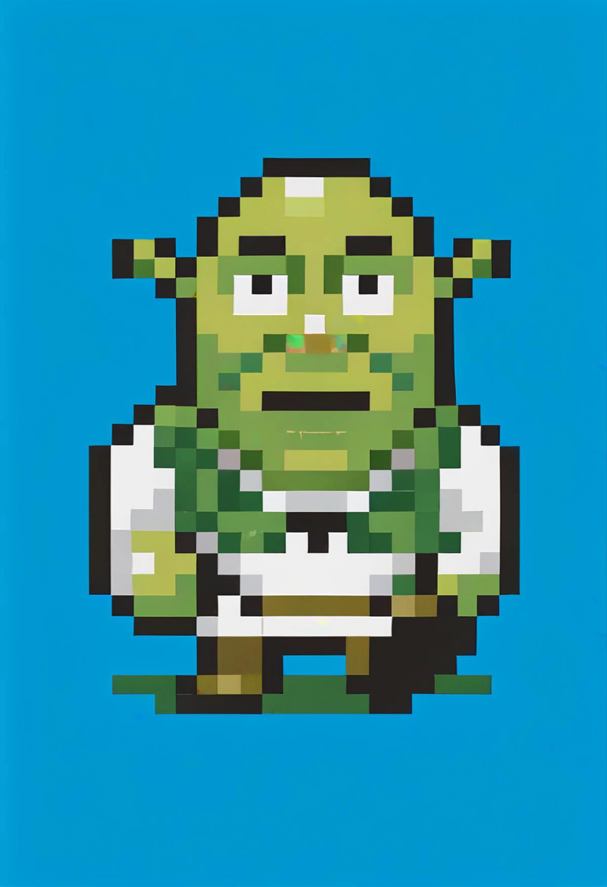 score_9, score_8_up, score_7_up, source_anime, 1boy, <lora:EarthboundSpriteStyle-pdxl:1> pixel art, full body, standing, chibi, looking at viewer, blue background, <lora:Shrek_XLPD:1> shrek, green skin